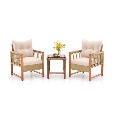 Juego de muebles de patio de 3 piezas con estructura de madera de acacia cojines-marrón