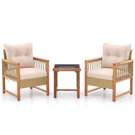 Juego de muebles de patio de 3 piezas con estructura de madera de acacia cojines-marrón