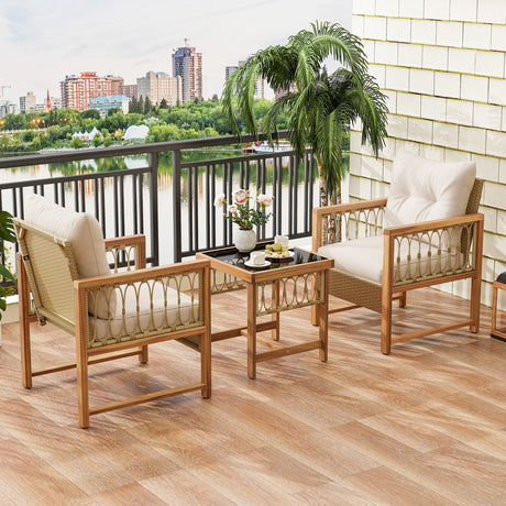 Juego de muebles de patio de 3 piezas con estructura de madera de acacia cojines-marrón