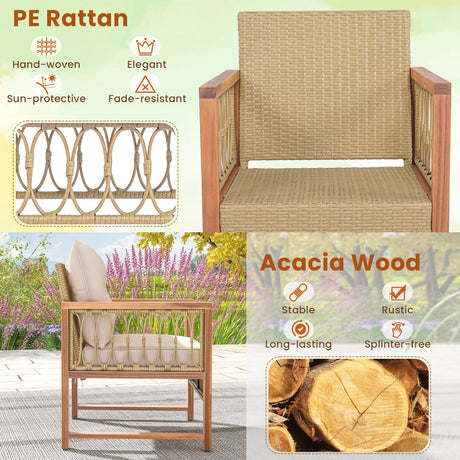 Juego de muebles de patio de 3 piezas con estructura de madera de acacia cojines-marrón