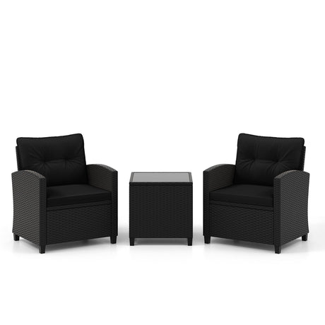 Juego de muebles de patio de 3 piezas con mesa de centro de cristal templado