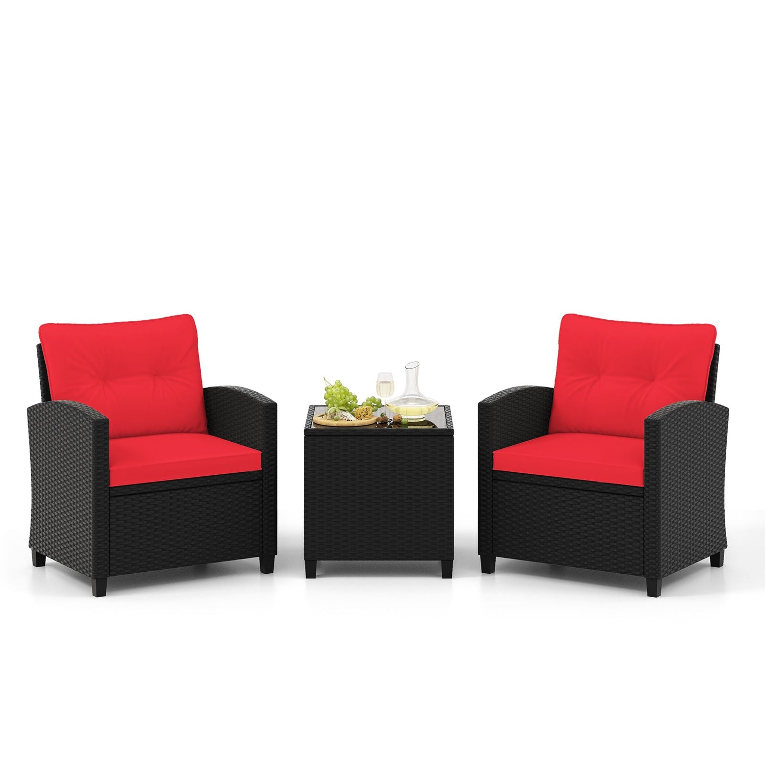 Juego de muebles de patio de 3 piezas con mesa de centro de cristal templado
