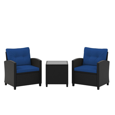 Juego de muebles de patio de 3 piezas con mesa de centro de cristal templado