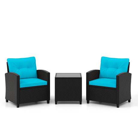 Juego de muebles de patio de 3 piezas con mesa de centro de cristal templado