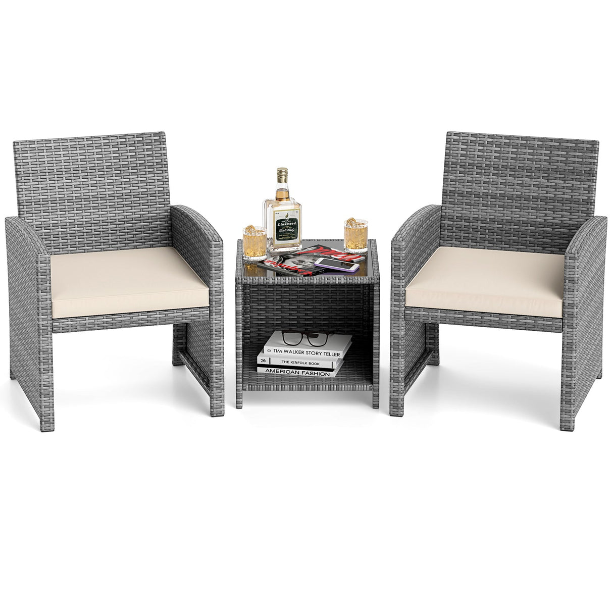 Juego de muebles de patio de 3 piezas con mesa de centro de vidrio templado y cojines de asiento blandos