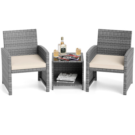 Juego de muebles de patio de 3 piezas con mesa de centro de vidrio templado y cojines de asiento blandos