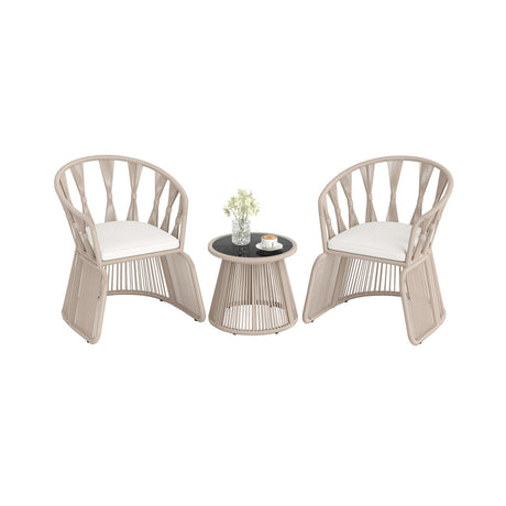 Juego de 3 piezas de sillas de jardín con sillones de cuerda trenzada y cojines de asiento-Blanco roto
