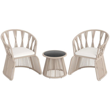 Juego de 3 piezas de sillas de jardín con sillones de cuerda trenzada y cojines de asiento-Blanco roto