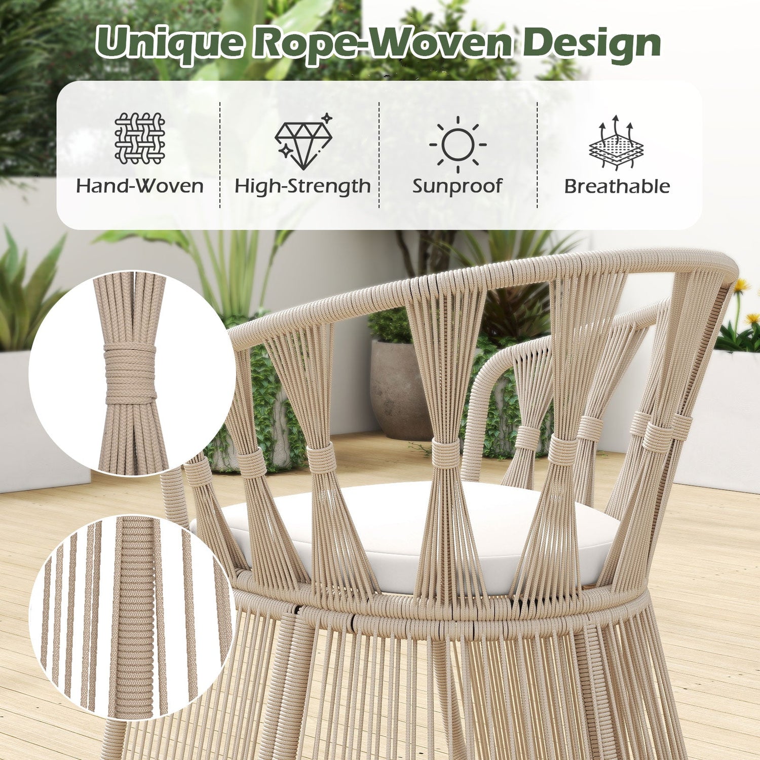 Juego de 3 piezas de sillas de jardín con sillones de cuerda trenzada y cojines de asiento-Blanco roto