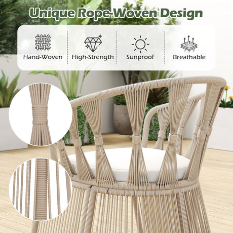 Juego de 3 piezas de sillas de jardín con sillones de cuerda trenzada y cojines de asiento-Blanco roto