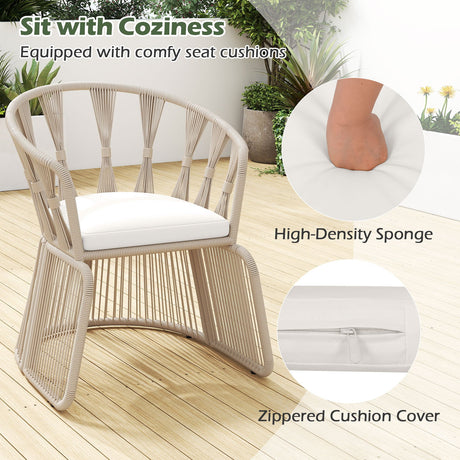 Juego de 3 piezas de sillas de jardín con sillones de cuerda trenzada y cojines de asiento-Blanco roto