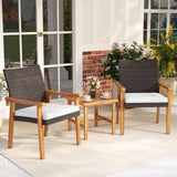 Juego de muebles de mimbre de PE para patio de 3 piezas, de madera de acacia, juego de bistró para conversación al aire libre, blanco