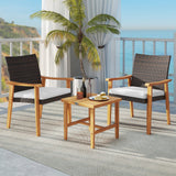 Juego de muebles de mimbre de PE para patio de 3 piezas, de madera de acacia, juego de bistró para conversación al aire libre, blanco