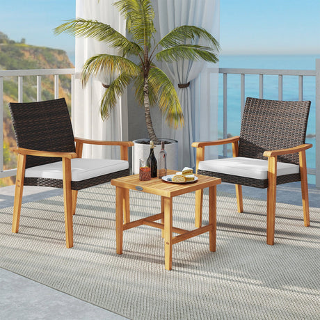 Juego de muebles de mimbre de PE para patio de 3 piezas, de madera de acacia, juego de bistró para conversación al aire libre, blanco
