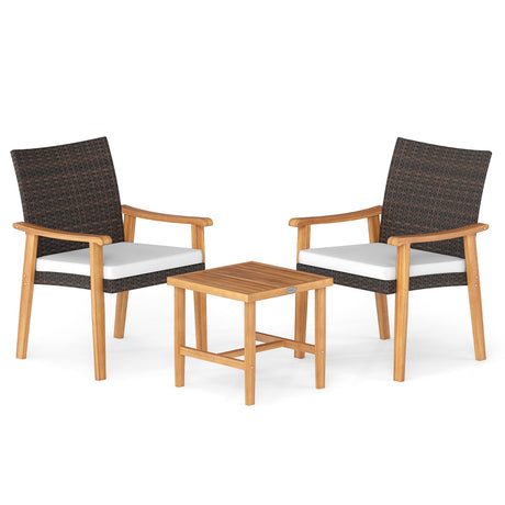 Juego de muebles de mimbre de PE para patio de 3 piezas, de madera de acacia, juego de bistró para conversación al aire libre, blanco