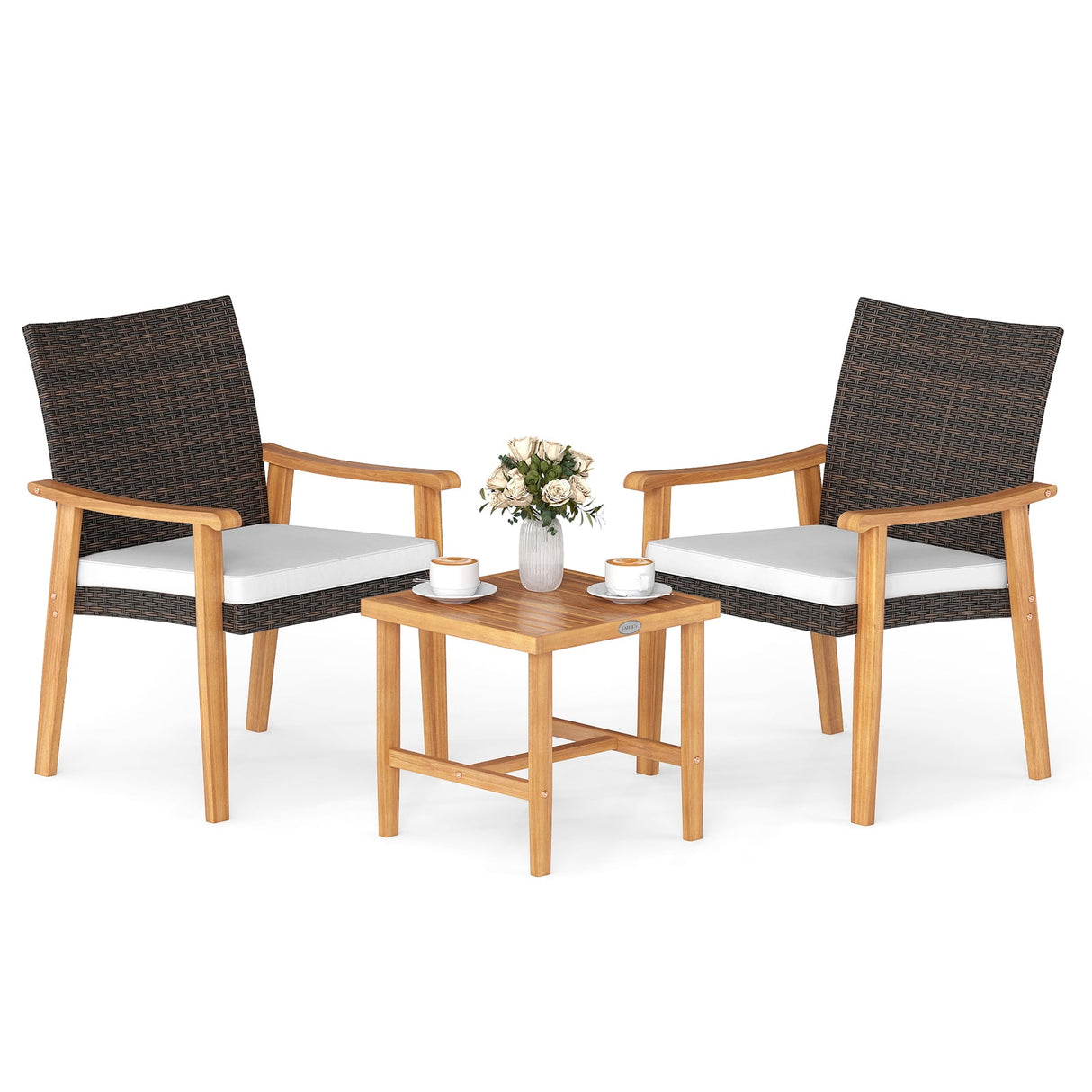 Juego de muebles de mimbre de PE para patio de 3 piezas, de madera de acacia, juego de bistró para conversación al aire libre, blanco