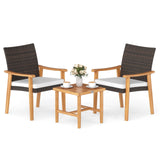 Juego de muebles de mimbre de PE para patio de 3 piezas, de madera de acacia, juego de bistró para conversación al aire libre, blanco