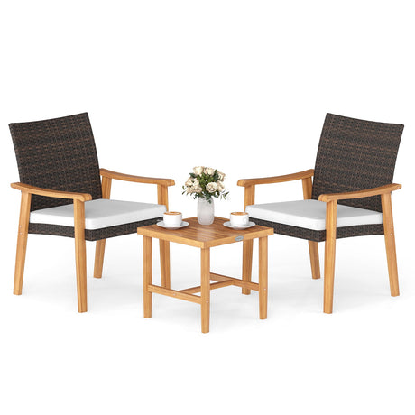Juego de muebles de mimbre de PE para patio de 3 piezas, de madera de acacia, juego de bistró para conversación al aire libre, blanco