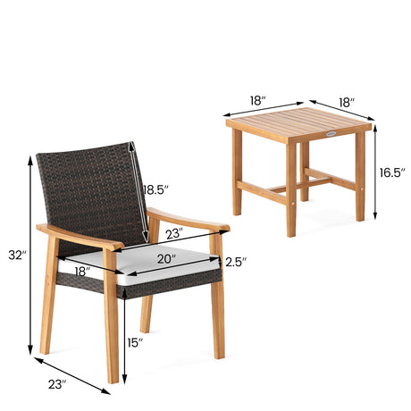 Juego de muebles de mimbre de PE para patio de 3 piezas, de madera de acacia, juego de bistró para conversación al aire libre, blanco