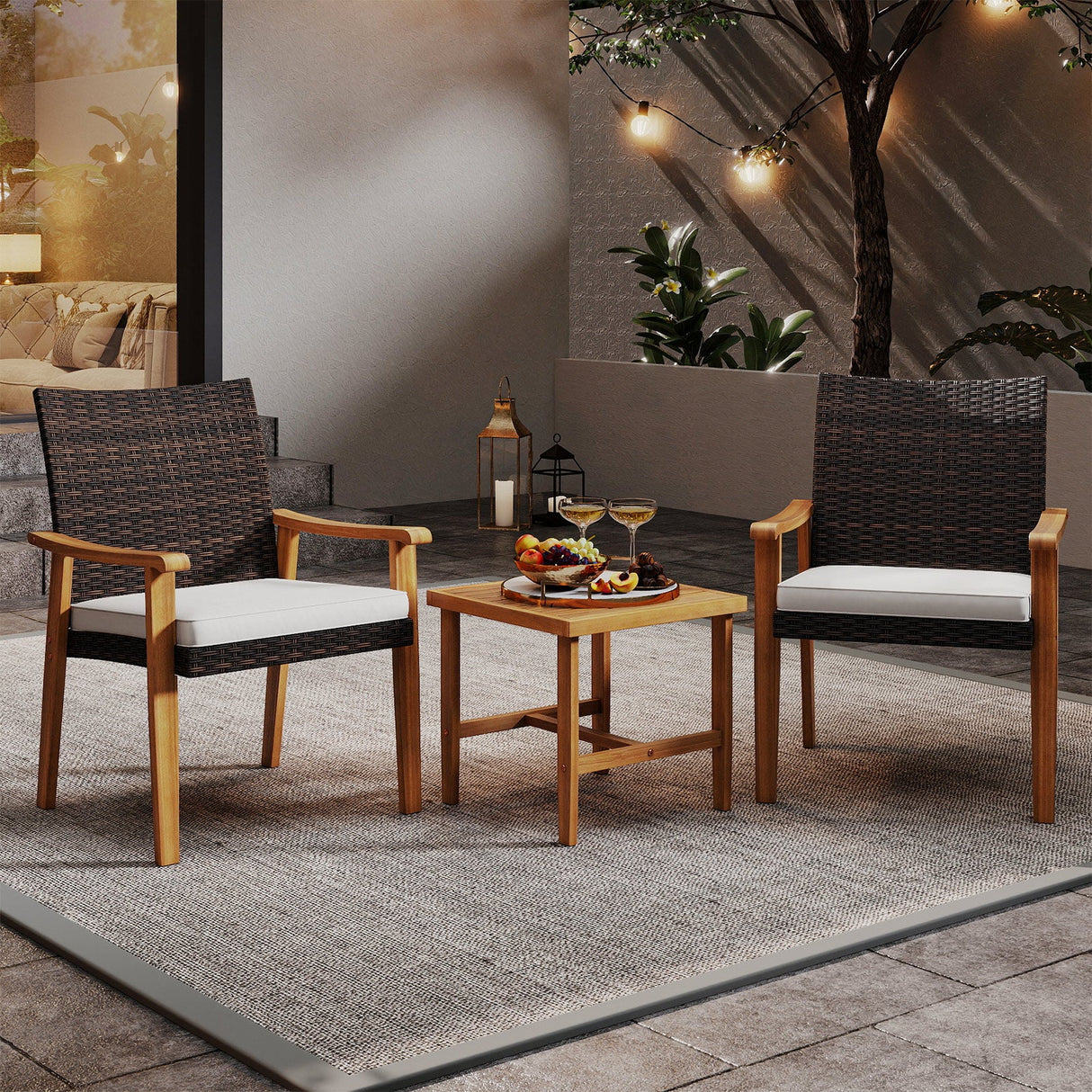 Juego de muebles de mimbre de PE para patio de 3 piezas, de madera de acacia, juego de bistró para conversación al aire libre, blanco