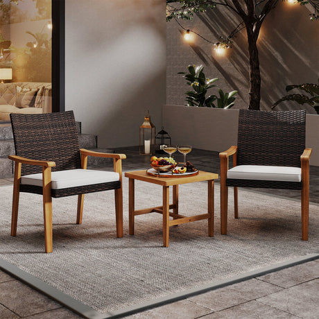 Juego de muebles de mimbre de PE para patio de 3 piezas, de madera de acacia, juego de bistró para conversación al aire libre, blanco
