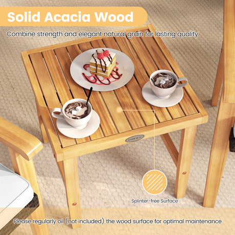 Juego de muebles de mimbre de PE para patio de 3 piezas, de madera de acacia, juego de bistró para conversación al aire libre, blanco