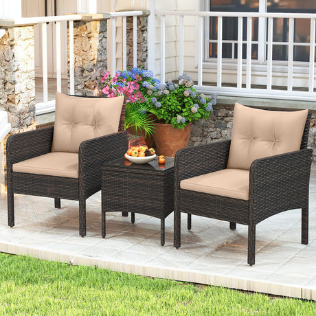 Juego de Muebles de Patio de Mimbre PE de 3 Piezas con Cojines para Porche y Balcón
