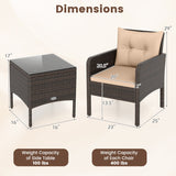 3 Pieces Patio PE Wicker Furniture Set with Cushions for Porch and Balcony