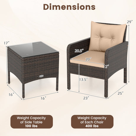 Juego de Muebles de Patio de Mimbre PE de 3 Piezas con Cojines para Porche y Balcón