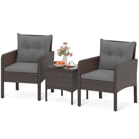 Juego de Muebles de Patio de Mimbre PE de 3 Piezas con Cojines para Porche y Balcón