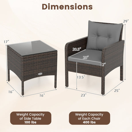 Juego de Muebles de Patio de Mimbre PE de 3 Piezas con Cojines para Porche y Balcón