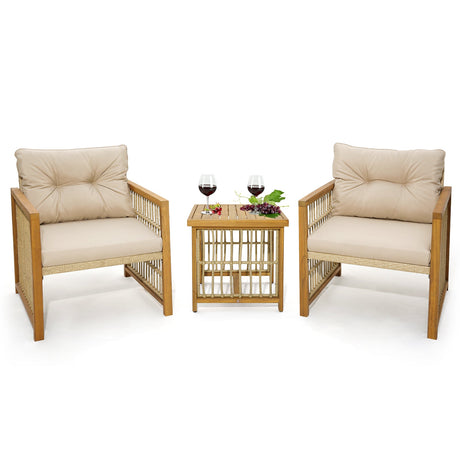 Juego de conversación de 3 piezas para patio de mimbre PE con estructura de madera de acacia y cojines - Beige