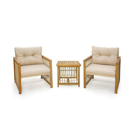 Juego de conversación de 3 piezas para patio de mimbre PE con estructura de madera de acacia y cojines - Beige