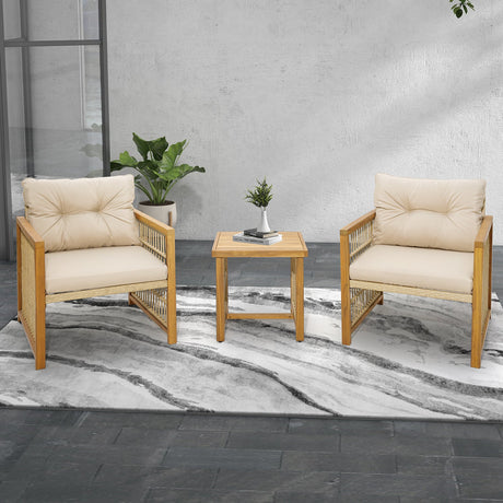 Juego de conversación de 3 piezas para patio de mimbre PE con estructura de madera de acacia y cojines - Beige