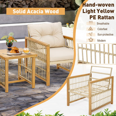 Juego de conversación de 3 piezas para patio de mimbre PE con estructura de madera de acacia y cojines - Beige