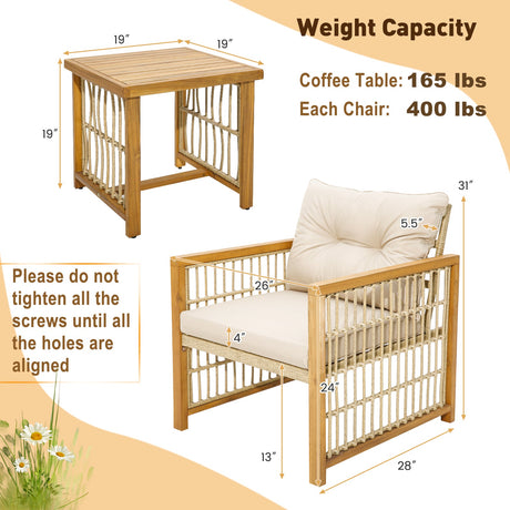 Juego de conversación de 3 piezas para patio de mimbre PE con estructura de madera de acacia y cojines - Beige