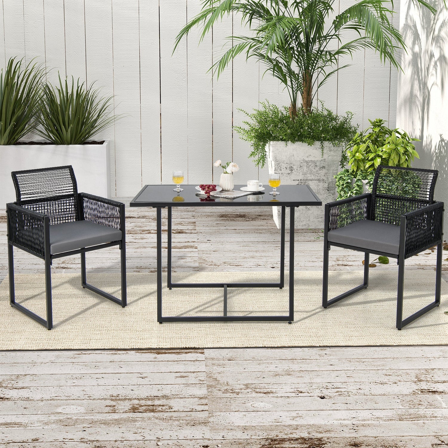 Juego de comedor para exteriores de 3 piezas con respaldo plegable y cojines de asiento - Negro