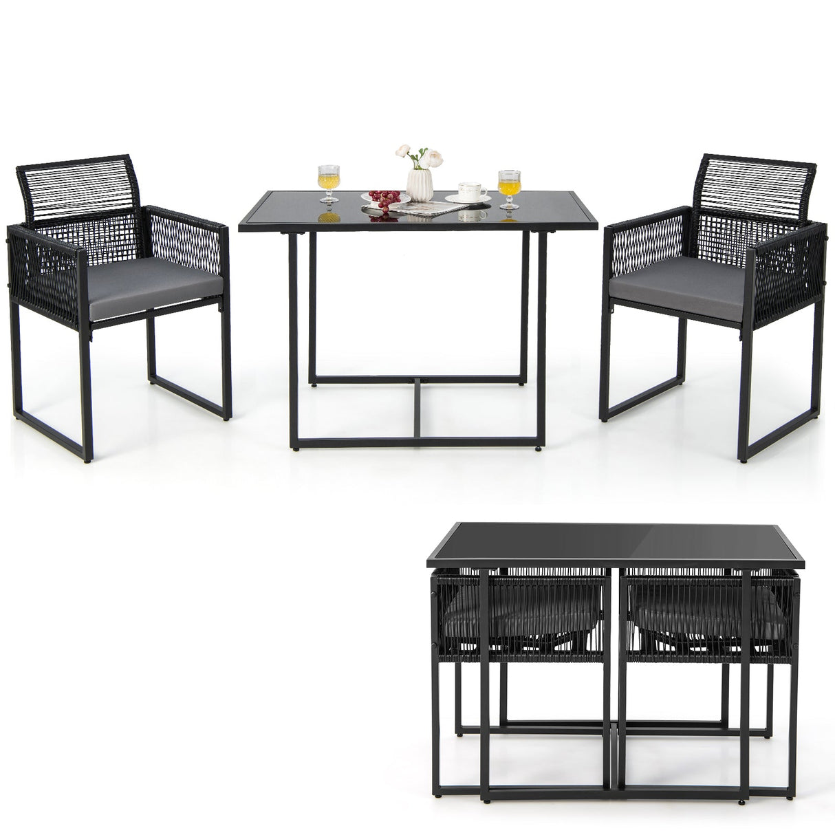 Juego de comedor para exteriores de 3 piezas con respaldo plegable y cojines de asiento - Negro