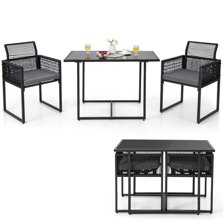 Juego de comedor para exteriores de 3 piezas con respaldo plegable y cojines de asiento - Negro