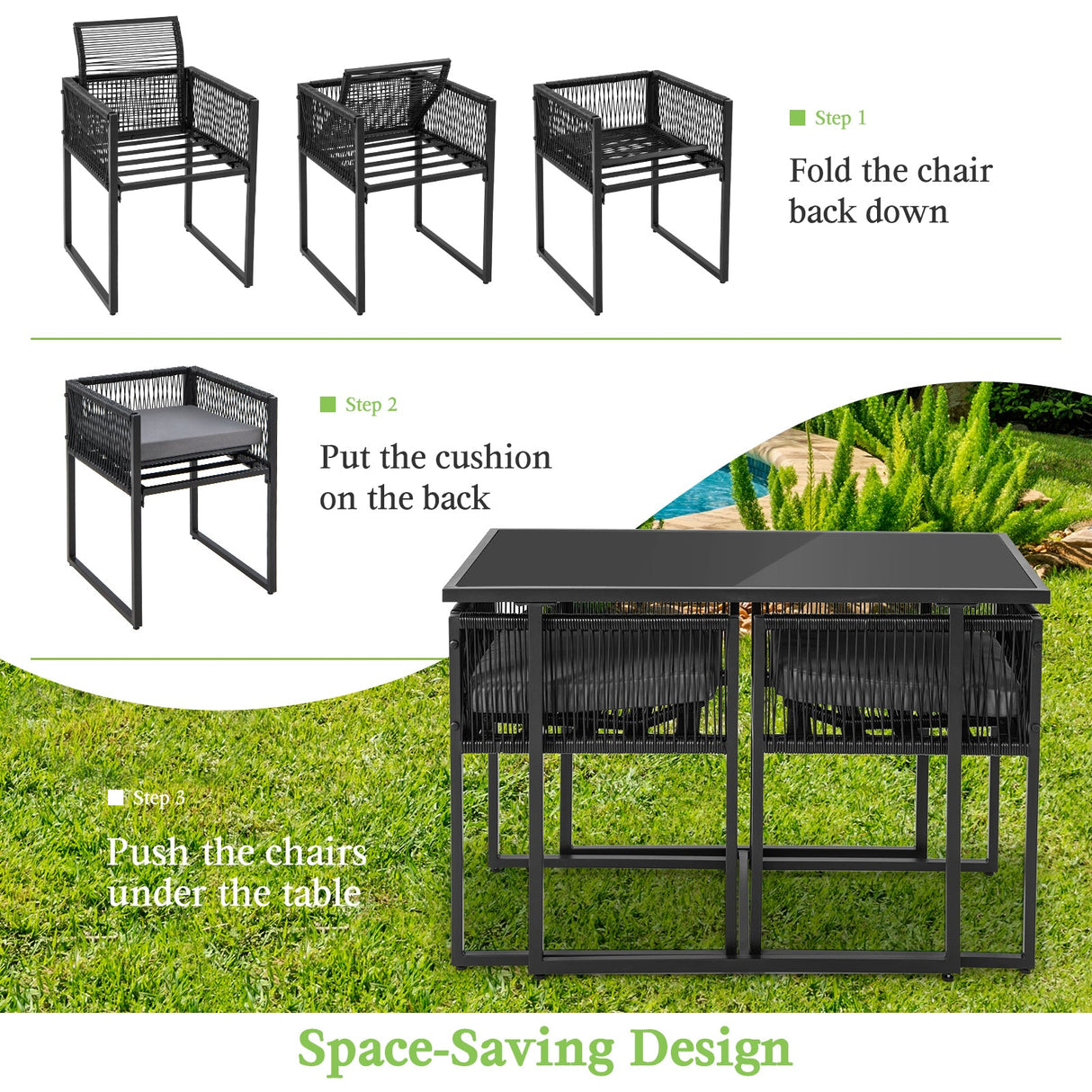 Juego de comedor para exteriores de 3 piezas con respaldo plegable y cojines de asiento - Negro