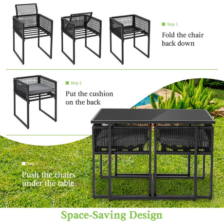 Juego de comedor para exteriores de 3 piezas con respaldo plegable y cojines de asiento - Negro