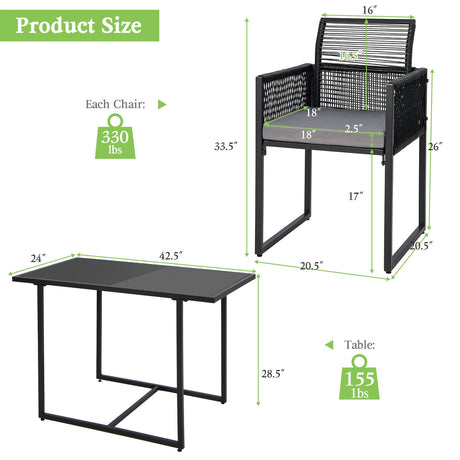 Juego de comedor para exteriores de 3 piezas con respaldo plegable y cojines de asiento - Negro