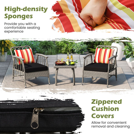 Juego de muebles de patio de mimbre de PE de 3 piezas con respaldo ajustable de 5 niveles - Gris