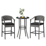 3-Piece Patio Rattan Bar Set with Tempered Glass Top for Backyard Poolside