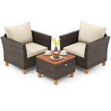 Juego de muebles de bistró de ratán para patio de 3 piezas con mesa de madera