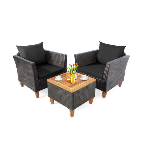 Juego de muebles de bistró de ratán para patio de 3 piezas con mesa de madera