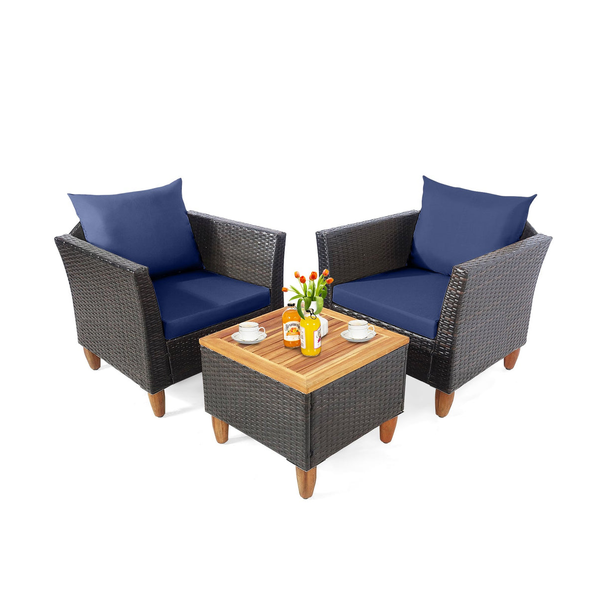 Juego de muebles de bistró de ratán para patio de 3 piezas con mesa de madera