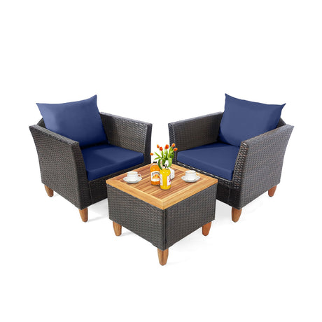 Juego de muebles de bistró de ratán para patio de 3 piezas con mesa de madera