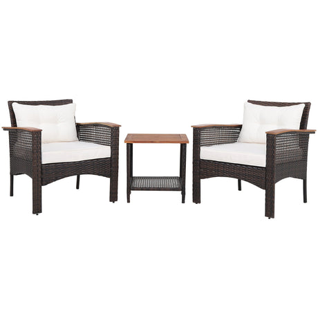 Juego de muebles de patio de ratán de 3 piezas con mesa de madera de acacia