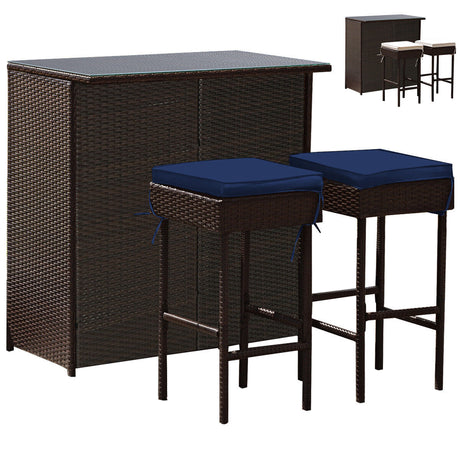 3PCS Patio Rattan Wicker Bar Table Stools Dining Set-Turquoise